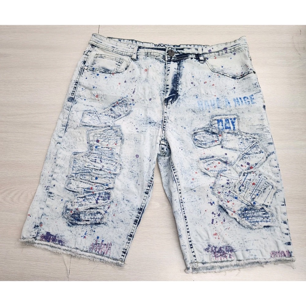 Rock Salt Bermuda Denim Jean Shorts Mens 38 Blue White Distressed Paint Splatter